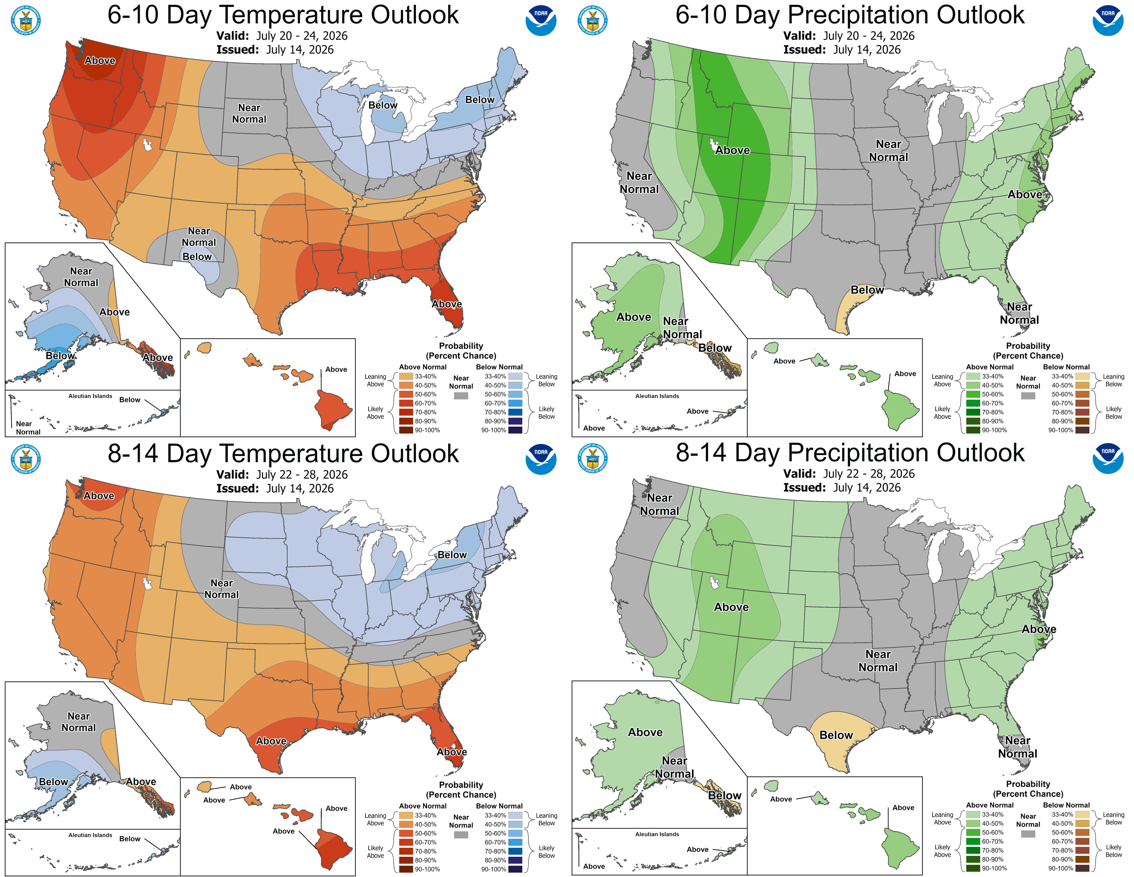 The 6-10 day (July 20-24, top) and 8-14 day (July 22-28, bottom) outlooks for temperature (left) and precipitation (right).  